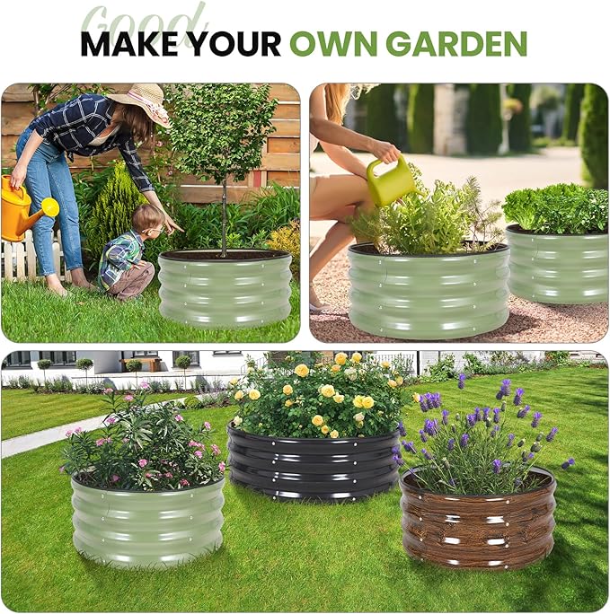 G GOOD GAIN Round Raised Garden Bed - 3Pcs 2x2x1ft Galvanized Steel Planter Boxes Outdoor with Rubber Edge Trim | Metal Raised Beds for Gardening Vegetables Flowers Fruits Herbs (Olive Green) GGOODGAIN