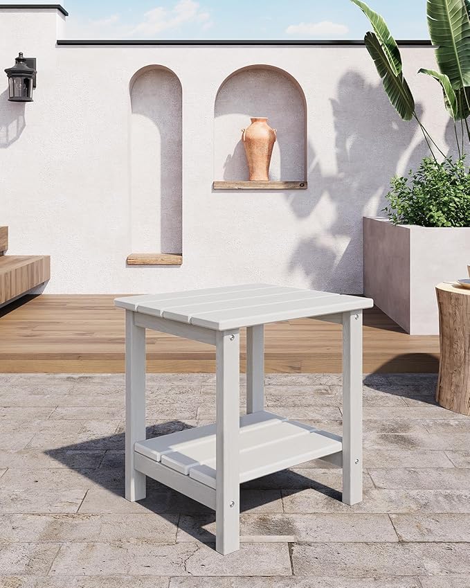 GarveeLife Outdoor Side Table 2-Tier, 18 in HDPE All Weather Resistant Patio Side Tables for Outside, End Table for Patio Pool Deck Indoor Backyard, White-2Pcs GarveeLife