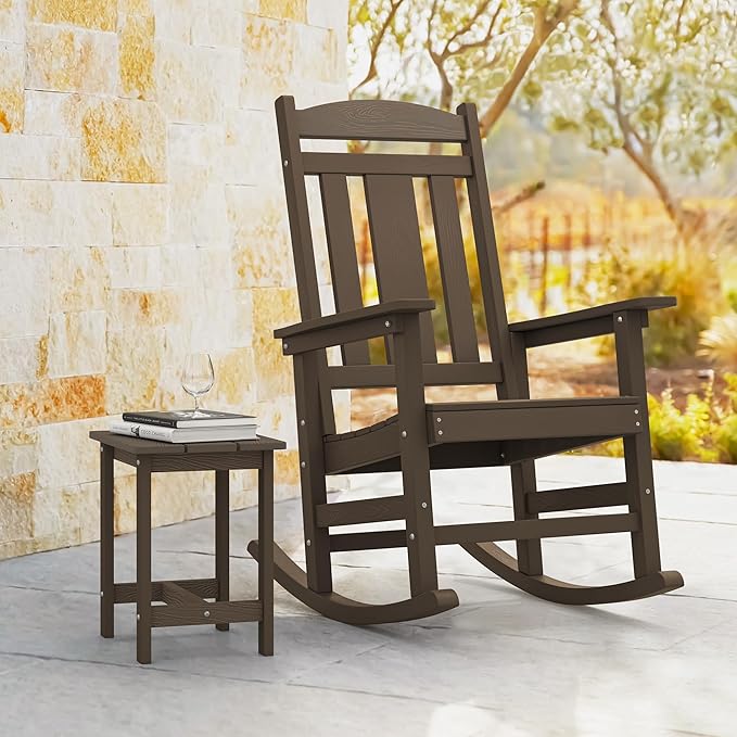 LUE BONA Outdoor Rocking Chairs Set, 3-Piece, Poly Porch Rockers with Table, Plastic Weather Resistant Rocking Chair Set for Outdoor Indoor, Garden, Backyard, 350lb, Brown, Chairs+Table LUEBONA