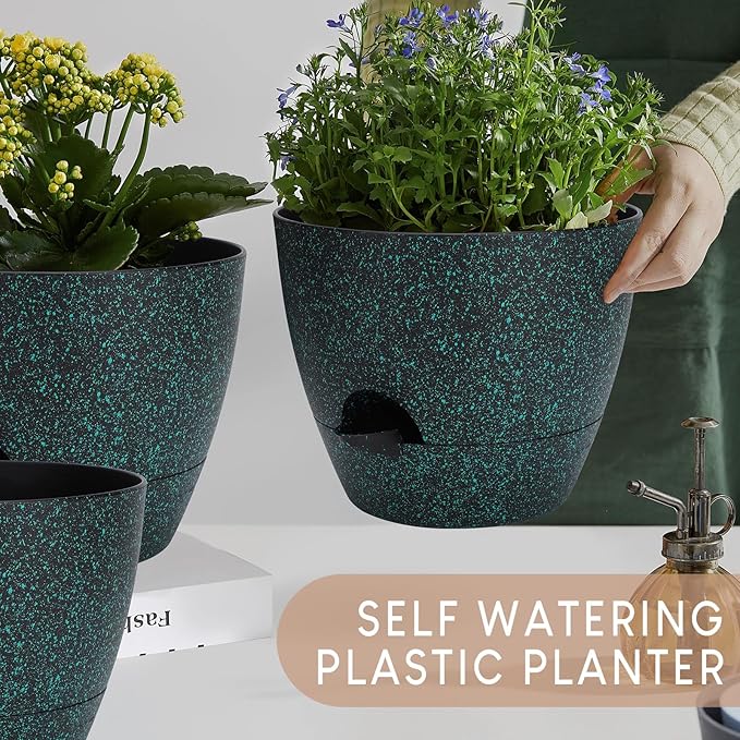 Plant Pots 10/9/8/7.5/7 inch, Self Watering Planters with Drainage Holes & Saucers for Indoor and Outdoor Plants (Green Speckles) AFamilyofGardenLovers