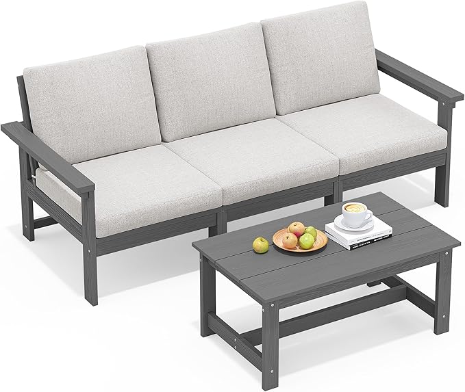 SERWALL HDPE Patio Sofa Set, 4-piece Sectional Outdoor Furniture Set, All Weather Outdoor Couch Set Patio Furniture Set for Deck, Lawn, Grey Frame with Khaki Cushion SERWALL