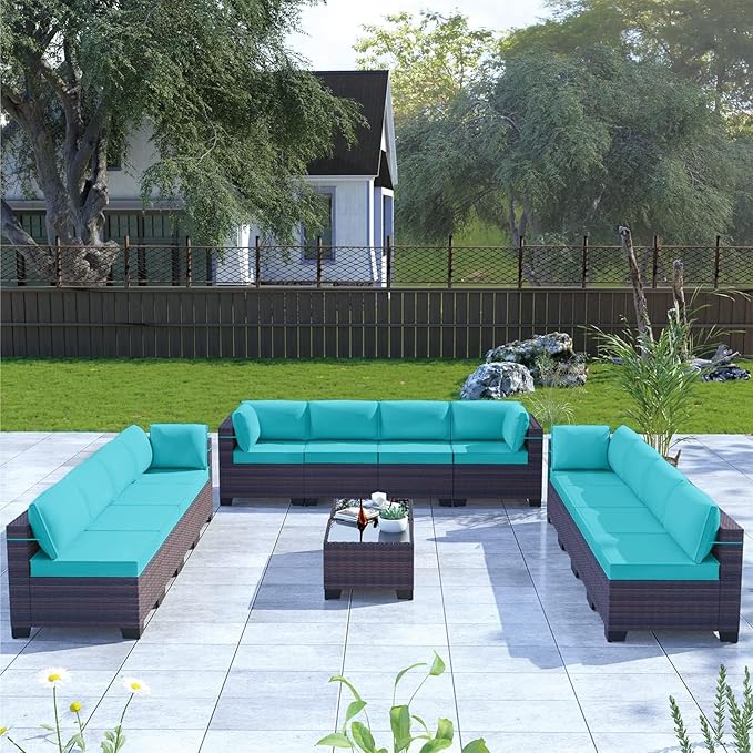 Kullavik 14 Pieces Outdoor Patio Furniture Set PE Wicker Rattan Sectional Sofa Patio Conversation Sets,Blue KULLAVIK