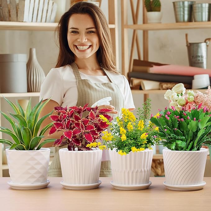Plant Pots - 5.5 Inch Cylinder Ceramic Planters with Connected Saucer, Pots for Succuelnt and Little Snake Plants, Set of 4, White sietpoek
