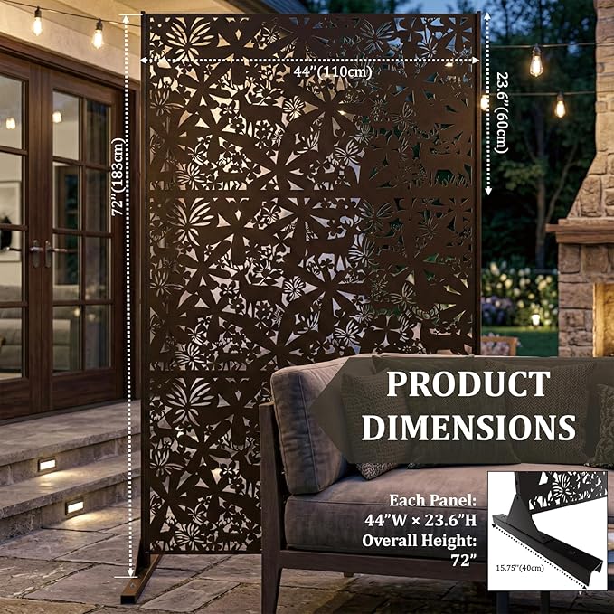 Metal Privacy Screen Outdoor 6FT โ Freestanding Laser Cut Steel Garden Divider Panel with Stand, Decorative Modern Privacy Screen for Patio, Deck, Backyard & Balcony, Rustproof & Weather-Resistant Rootora