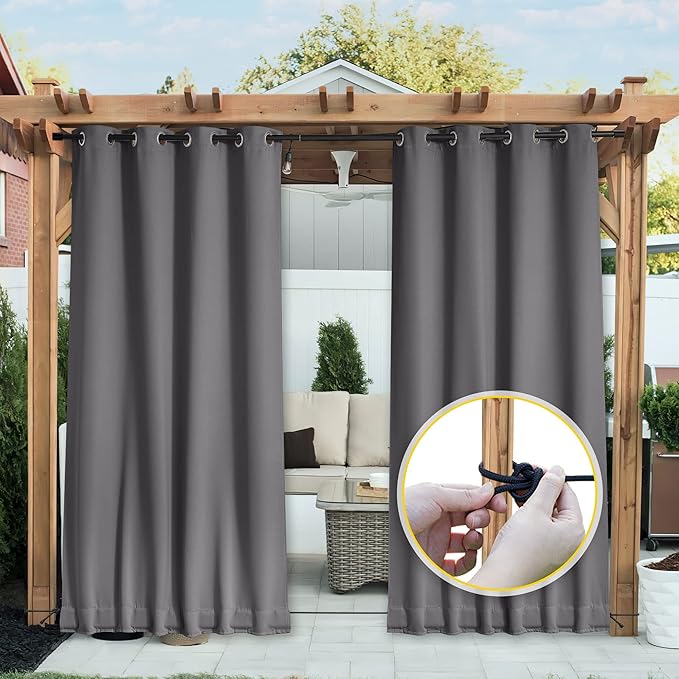 NICETOWN 2 Panels Weighted Blackout Curtains for Patio Waterproof, Grommet & Back Tab on Top & Bottom Windproof Blackout Outdoor Curtains for Porch with Bouns Rope for Fixed, Grey, W52 x L84 NICETOWN