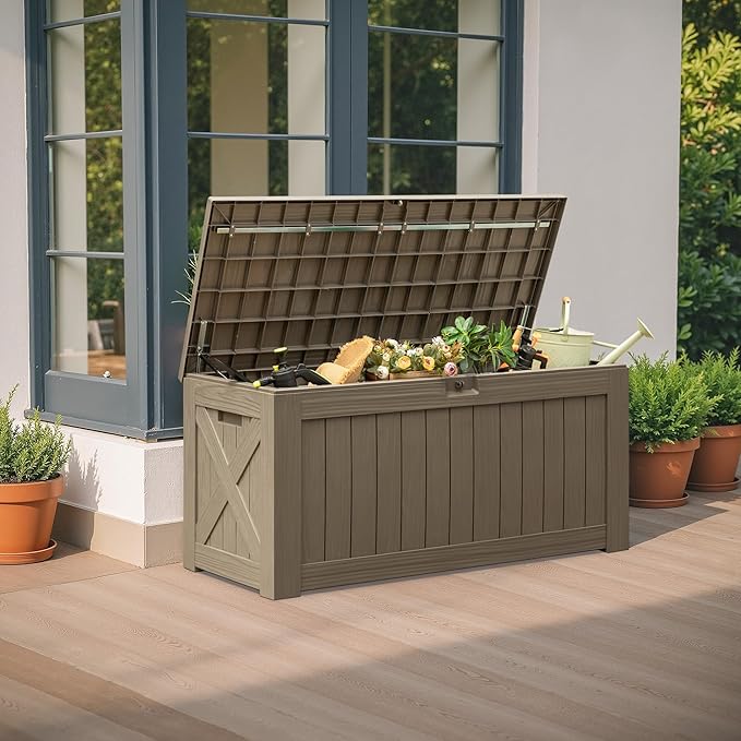 Flamaker Resin Deck Box 120 Gallon Waterproof Large Outdoor Indoor Storage Box Imitation Wood Resin for Patio Furniture Garden Tools and Pool (Brown) Flamaker