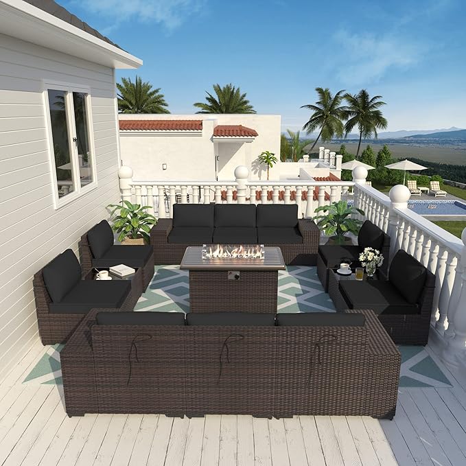 ALAULM 13 Pieces Outdoor Patio Furniture Set with Propane Fire Pit Table Outdoor Sectional Sofa Sets Patio Furniture 43" Gas Fire Pit Brown PE Rattan Patio Conversation Set w/10 Cushions (New Black) ALAULM