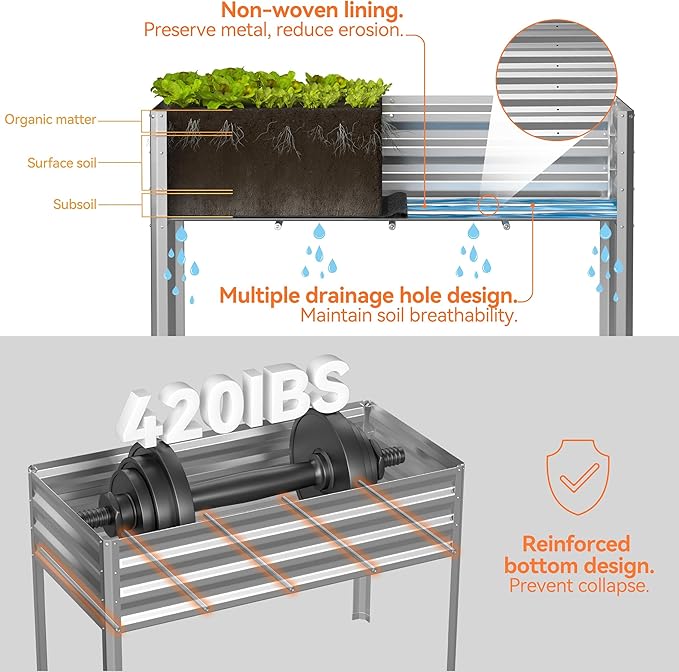 Galvanized Raised Garden Bed with Self-Watering System, Elevated Planter Boxes Outdoor with Legs and PE Cover for Vegetables and Flowers, Backyard, Patio, Balcony, 48x24x56 in Lineware