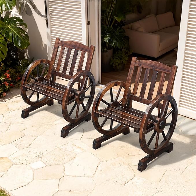 VINGLI Rustic Wooden Patio Chair with Wagon Wheel Armrests, Outdoor Dining Chairs Solid Wood Frame Seating for Farmhouse Garden Porch Lawn Balcony (Rustic, Chair) VINGLI