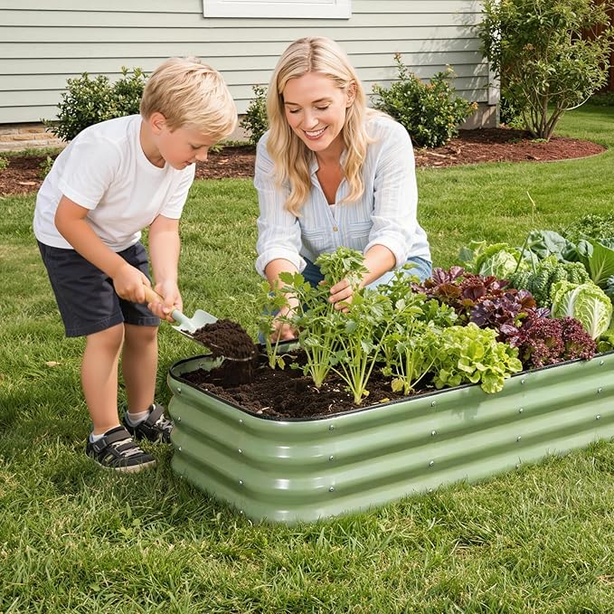 1MORE Raised Garden Bed -8X2X1 Galvanized Planter Box for Outdoor Gardening,5 in 1 Modular Raised Bed Kit with Protective Tape, Gloves for Herb,Ideal for Vegetables and Plants.Green-2pack 1MORE