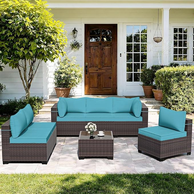 ALAULM Patio Furniture Set with Coffee Table, 7 Pieces Outdoor Sectional with Wide Seat and Thick Cushion, All Weather Wicker Rattan Conversation Set for Backyard, Garden, Deck, Turquoise ALAULM