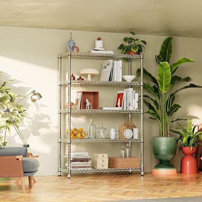 IZEUK 1750LBS Garage Shelving Wide Storage Shelves 5 Tier Metal Shelves Heavy Duty Adjustable Utility Shelf Rack (Chrome, 5 Tier, 15.7" D x 45.3" W x 70.9" H) IZEUK