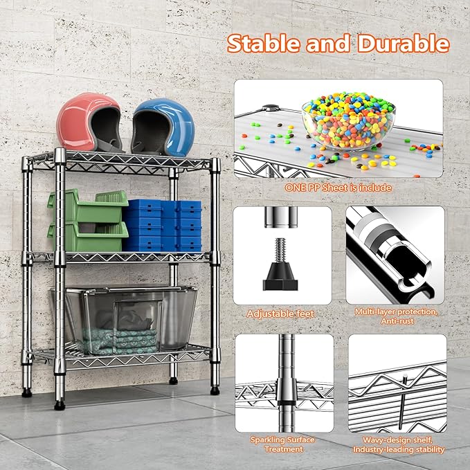 750 lbs 3 Tier Shelf Metal Storage Shelves Wire Rack Closet Organizers with PP Board for Garage Kitchen Bathroom Laundry Chrome 11.8" D x 21.7" W x 28.6" H MEIGAOPLASTICANDMETALHKCOLIMITED