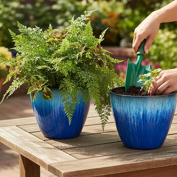 Pack of 2 Flower Pots, Plastic Plant Pots with Drainage Holes, 8 inch Modern Glossy Finishing Planter for Indoor Outdoor Plants (Blue Glaze, 2 Pack) LesOasis