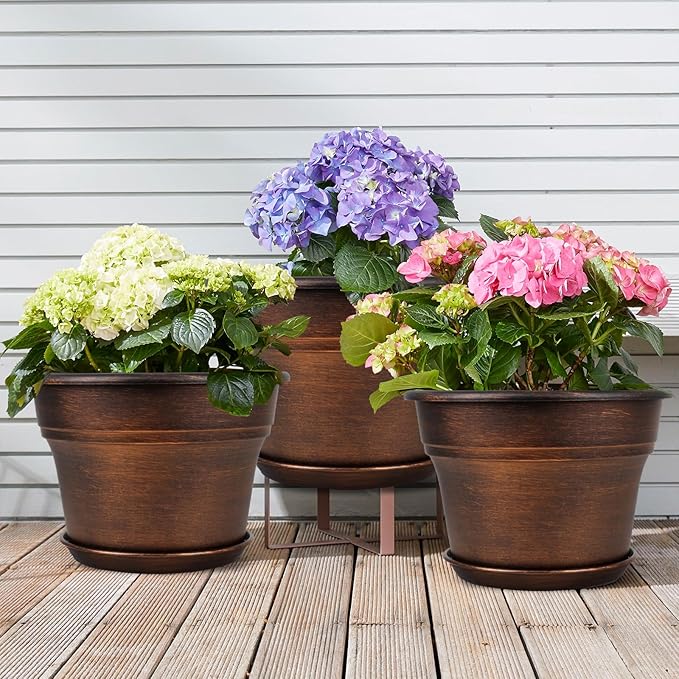 Plant Planters Pots Set of 6 Pack 6 Inch, Plastic Flower Pot For Indoor Plants With Drainage Holes & Trays, Resin Decorative Container Sets With Saucer For House Outdoor Garden Planters Dark Gold Fodetyff