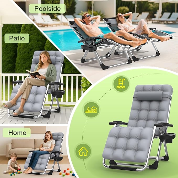 Suteck Zero Gravity Chair, Reclining Camping Lounge Chair w/Removable Cushion, Upgraded Lock and Cup Holder, Reclining Patio Chairs Folding Recliner for Indoor and Outdoor Suteck
