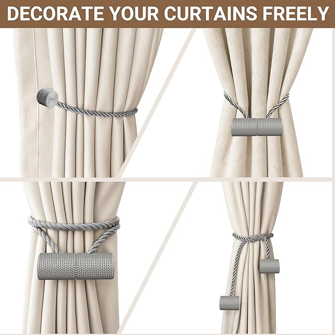 Hion Magnetic Curtain Tiebacks Grey 4 Pack, Curtain Tiebacks Buckles Holdbacks Holders Hooks Clip for Home Bedroom Office Decorative Thick or Thin Curtain Hion