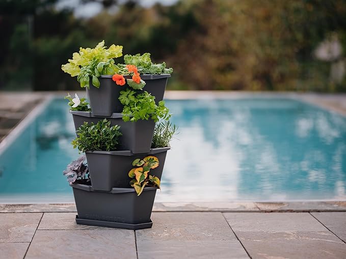 BUZZY Seeds Starter Stackable Vertical Planter – 4-Level Raised Garden Tower for Potatoes, Strawberries, Vegetables & Flowers (Gray) BUZZY