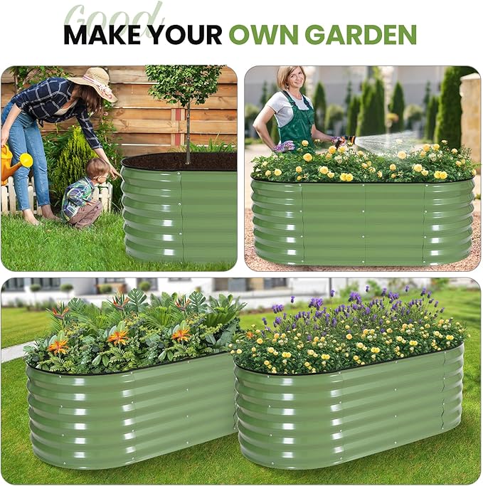 G GOOD GAIN Raised Garden Beds - 4x2x1.4ft Galvanized Planter Boxes Kit with Protective Tape & Gloves & Tools | Oval Metal Outdoor Raised Bed for Gardening Vegetables, Fruits, Flowers, Herbs, Oliver GGOODGAIN