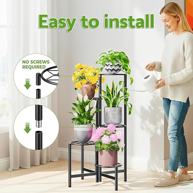 Plant Stand 5 Tier Indoor Metal Flower Shelf for Multiple Plants Corner Tall Flower Holders for Patio Garden Living Room Balcony Bedroom Black Diamond Rootora