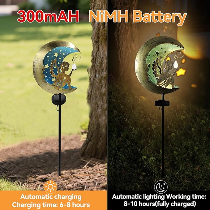 Solar Angel Moon Garden Stake Light – Outdoor Metal Yard Decoration with Crystal Pendant, Waterproof LED Light for Patio, Pathway, Lawn – Rustic Gold & Blue CBAXEAXM
