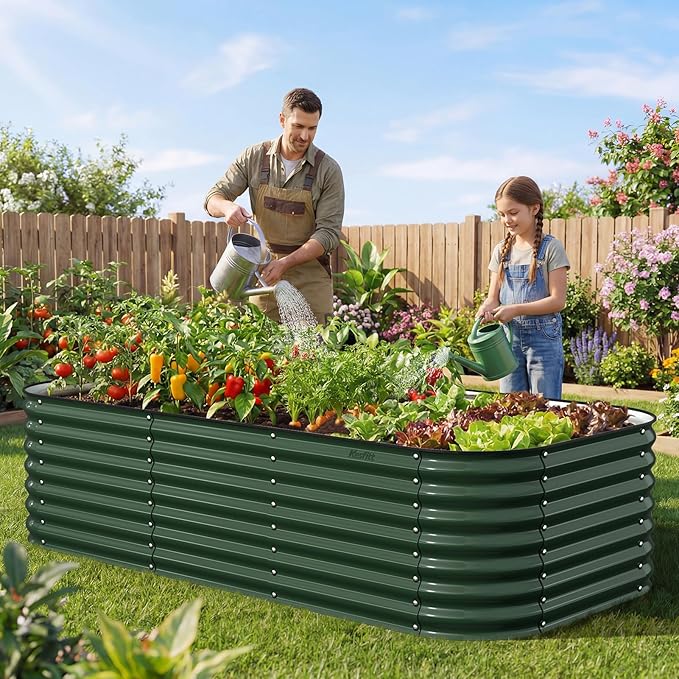 Kesfitt Raised Garden Bed Outdoor, Galvanized Steel Metal Raised Bed Planter for Vegetables & Garden, 24-Inch Deep Open Bottom Backyard Bed 8x4x2 ft, Forest Green Kesfitt