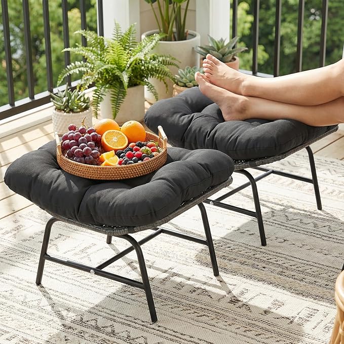 NICESOUL Indoor Outdoor Ottoman Set of 2, Large Wide Double Patio Footstool, PE Rattan Thicken Cushioned Footrest, All-Weather Wicker Furniture for Balcony, Porch, Living Room, Egg Chair, Grey NICESOUL