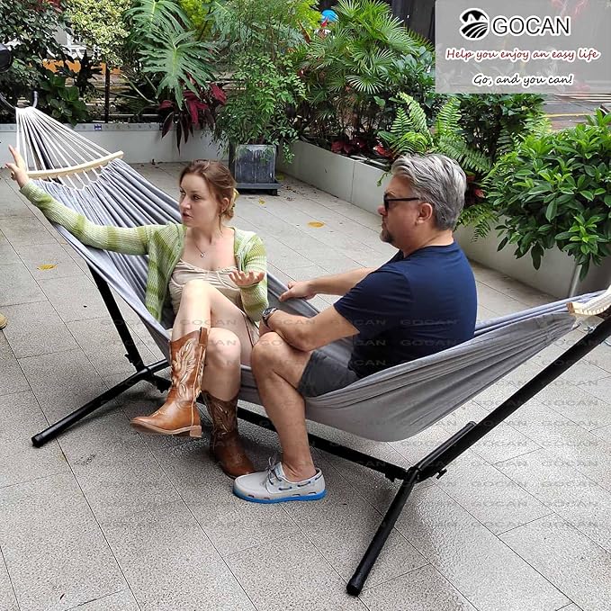 Double Hammock 2 Person Large 220x150cm with Steel Stand and Removable Spreader bar Load 500lb, Canvas Cotton Hammocks for Patio Porch Garden Backyard Outdoor and Indoor GOCAN