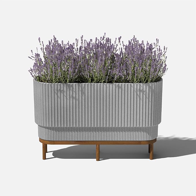 Veradek Demi Series Raised Long Planter for Indoor/Outdoor Use | Made from Plastic & Stone w/Wooden Stand | Modern Patio Décor for Flowers/Shrubs VeradekOutdoor