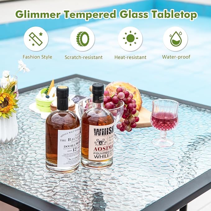 Tangkula 35 Inch Patio Dining Table with Tempered Glass Top, Square 4-Person Outdoor Bistro Table with 1.5" Umbrella Hole & Sturdy Metal Frame, Patio Dining Table for Backyard, Lawn, Deck & Poolside TANGKULA