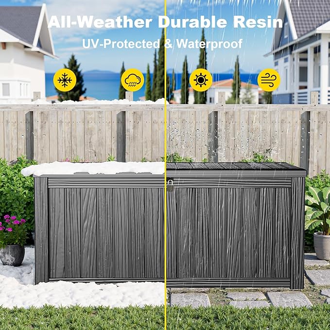 150 Gallon Outdoor Storage Box, Weather Resistant & Waterproof Resin Deck Box with UV Protection, Rattan Black Patio Storage Cabinet for Garden, Patio, Porch, Poolside(Black) KFY