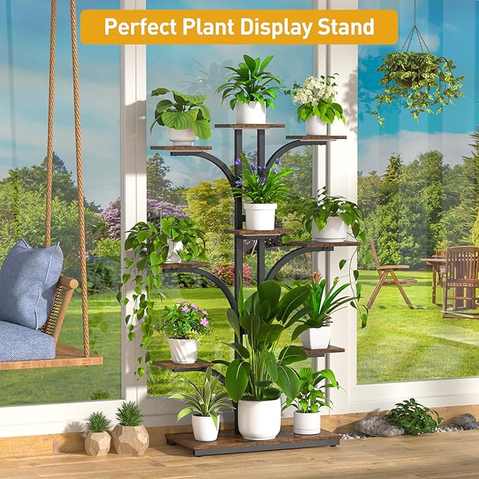 ikkle Plant Stand Indoor with Grow Lights, 64" Tall Plant Shelf, 9 Tiered Corner Plant Shelves for Indoor Plants Multiple, Large Flower Display Holder, Tree-Shaped Plant Rack for Home, Living Room, Patio Decor iKKLEHome