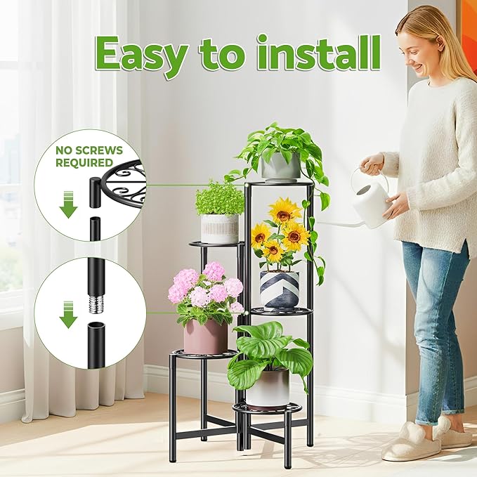 Plant Stand Indoor Outdoor, 5 Tier Corner Metal Flower Display Holder Stand, Folding Tall Plant Rack for Patio Balcony Porch Garden Living Room House, Heavy Duty Wrought Iron Plant Shelf - BlackS Rootora