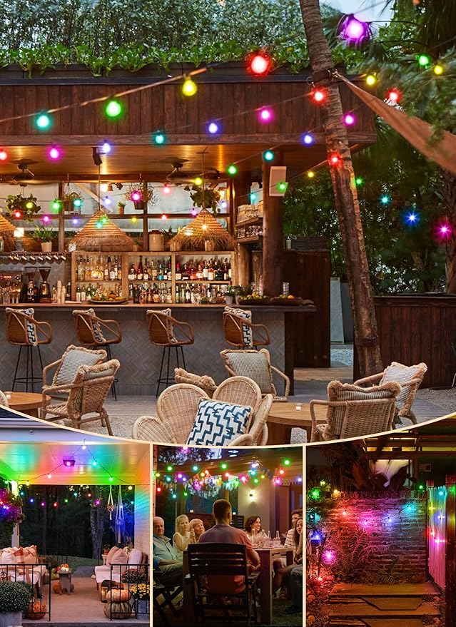 Brightown RGBW Outdoor String Lights, 58FT LED Patio Lights with Remote and Timer, Commercial Grade Waterproof Hanging Lights with 27 Shatterproof Bulbs(2 Spare) for Backyard Porch Garden Party Decor Brightown