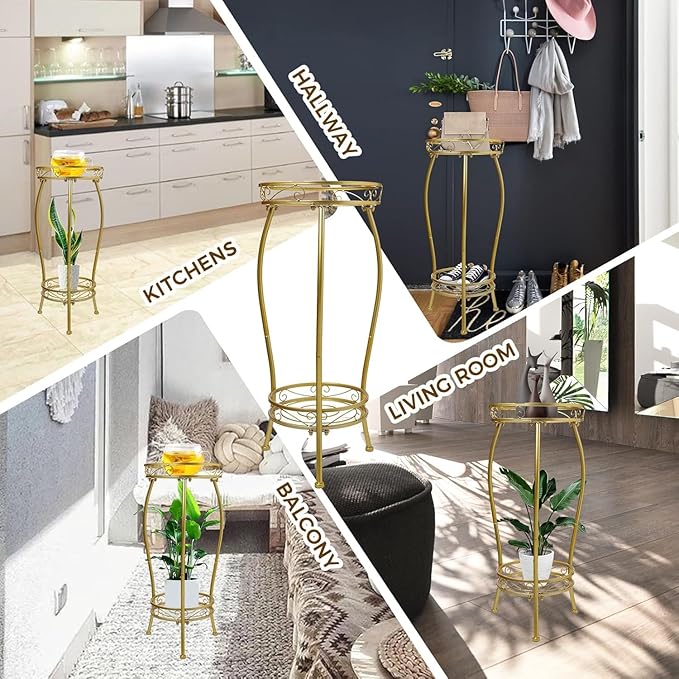 Plant Stand Indoor Outdoor,Tall Gold Metal Rustproof Stable Plant Stands,2 Tier 27.1 inch Multiple Plant Rack Holder Rack Flower Pot Stand Heavy Duty Plant Shelf (Gold) KavliumPlantStand