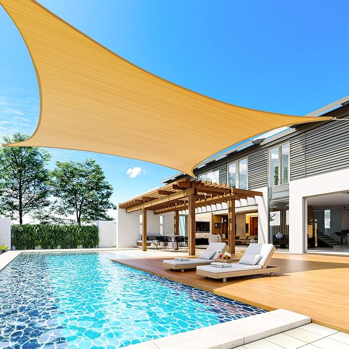 Quictent 12x16ft Rectangular Sun Shade Sail 185G HDPE Canopy 98% UV Block Outdoor Patio Garden Commercial Deck with Hardware Kit (Sand) QUICTENT