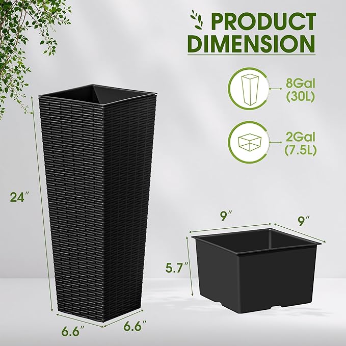 Devoko Resin Tall Planters for Outdoor Plants Set of 2, Large Taper Outdoor Planter Pots with 4 Drainage Holes, Flower Pots Modern Decor for Porch, Patio, Backyard, Home Garden (Black, 24") DEVOKO