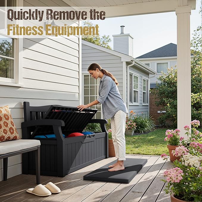 80-Gallon Outdoor Storage Bench with Cushion, Lockable Waterproof Deck Box with Armrests for Patio, Garden, Pool, Black Acurax