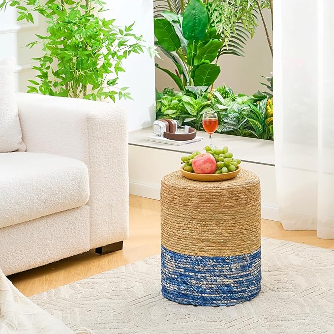 Wimarsbon Natural Seagrass Foot Stool, Hand Weaving Round Ottoman, for Living Room, Outdoor Seat (Natural & Blue) Wimarsbon