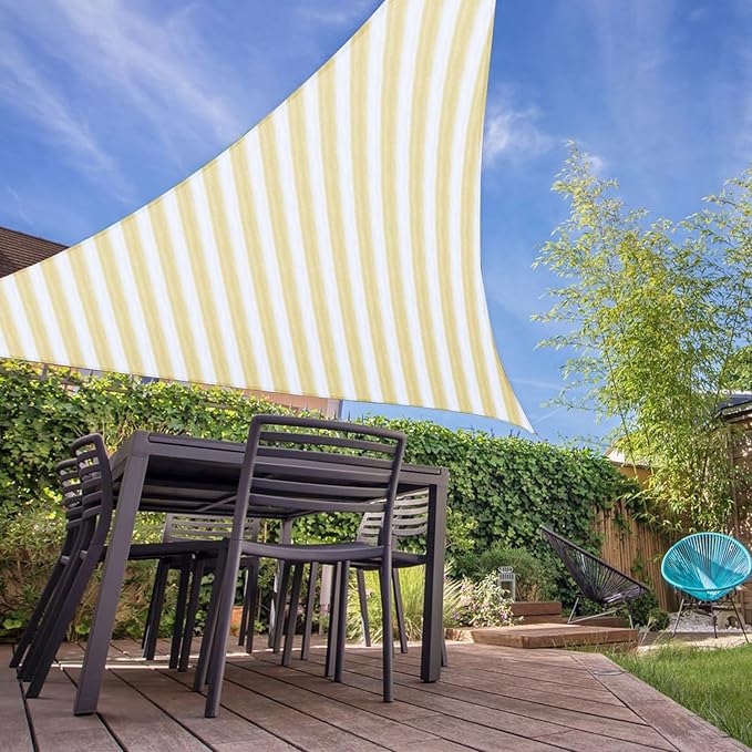 E&K Sunrise 13' x 13' x 13' Sun Shade Sail Triangle Canopy Shade Cover UV Block for Patio Backyard Garden Outdoor (Beige White Strip) EKSUNRISEINC