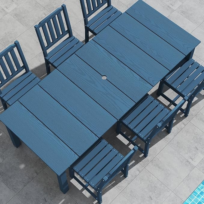 9-Piece Outdoor Dining Set for 8, 75.2'' HDPE Table with Umbrella Hole & Chairs, Weather-Resistant Patio Furniture for Lawn, Yard, Balcony, Deck Navy Blue PatioKingdom