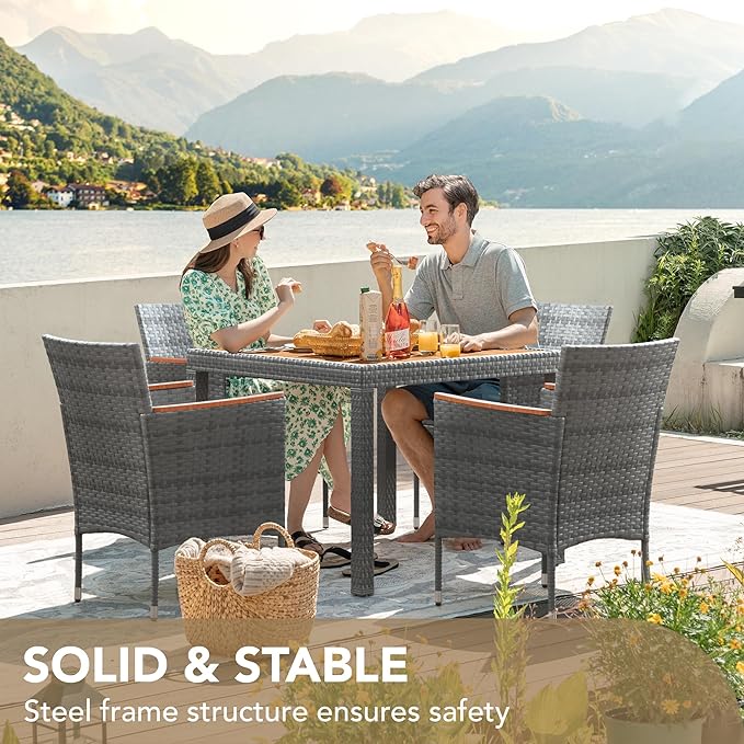Devoko 5 PCS Furniture, Patio Conversation Set with Acacia Wood Top, Rattan Outdoor Dining Table and Chairs for Backyard, Garden, Deck, Grey DEVOKO