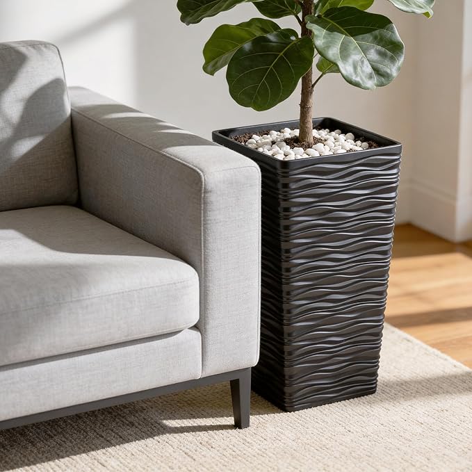 Worth Garden 2-Pack Black Tall Planter - Plastic Square Tapered Tree Plant Pots with Drainage Hole for Indoor Outdoor - 22" H Modern Wavy Finish Decorative Flower Pots for Front Porch Patio Deck WORTH