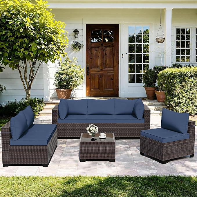 ALAULM Patio Furniture Set with Coffee Table, 7 Pieces Outdoor Sectional with Wide Seat and Thick Cushion, All Weather Wicker Rattan Conversation Set for Backyard, Garden, Deck, NavyBlue ALAULM