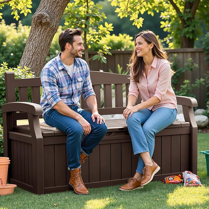 Flamaker 80 Gallon Storage Bench Outdoor Indoor, Durable All-Weather Seating with Hidden Storage, Lockable Deck Box for Garden, Patio, Poolside (Brown) Flamaker