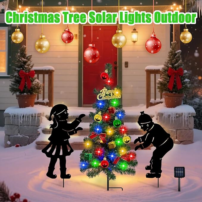Solar Outdoor Christmas Tree,3 Pack Christmas Outdoor Decorations with Boy and Girl Garden Stakes,Color Changing LED Lights,Waterproof Xmas for Yard,Lawn,Pathway HokfirmHomeDecorGarden