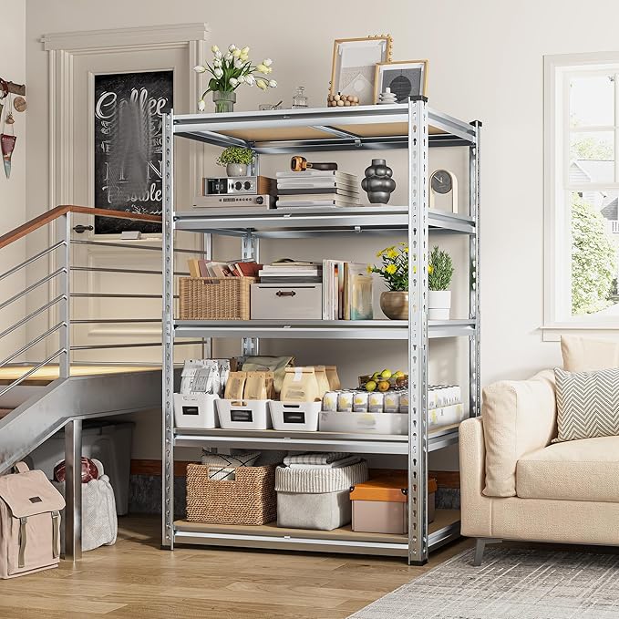 REIBII Garage Shelving, 5 Tier Storage Shelves Load 2400LBS, Adjustable Garage Shelves Heavy Duty, Metal Shelving Unit with Waterproof Columns for Warehouse, 35.5" W x 11.9" D x 72" H, Galvanized REIBII