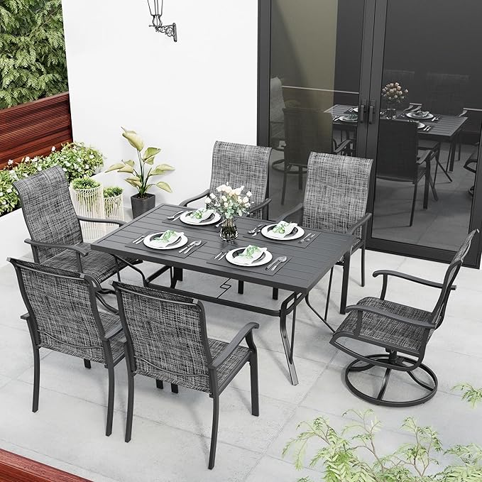 Pamapic 7-Piece Outdoor Dining Set, Patio Dining Set for 6, All-Weather Outdoor Patio Set with 2 Textilene Swivel Chairs & 4 Regular Chairs for Garden, Poolside, Deck,Gray Pamapic