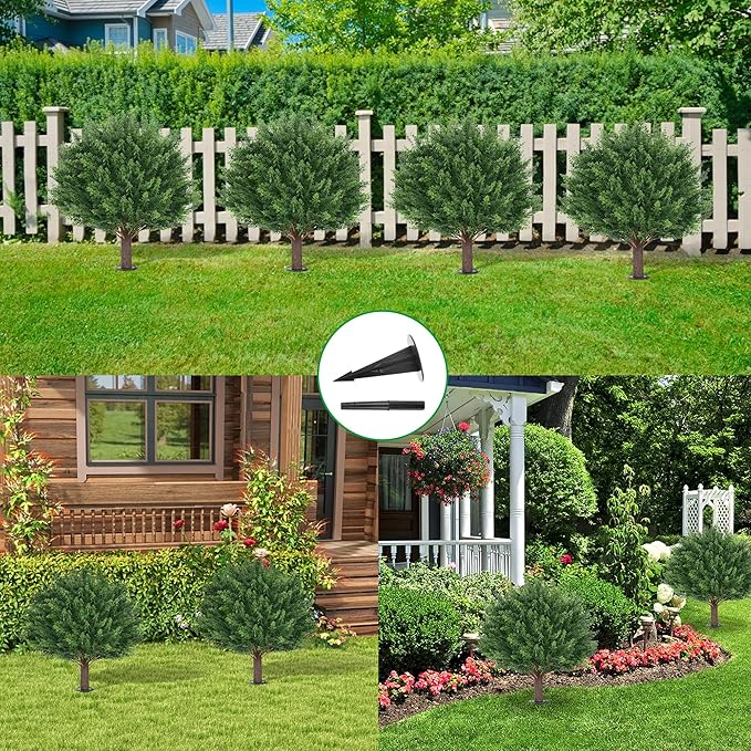 Artificial Cypress Topiary Tree with Ground Spike, Set of 2 Artificial Shrub Bushes, Fake Evergreen Tree for Porch, Artificial Plants for Outdoor Planters Indoor UV Resistant FEELTHENEWWORLD