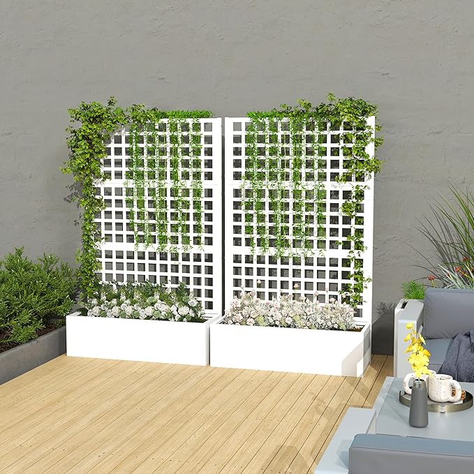 Outsunny Galvanized Raised Garden Bed with Trellis, Metal Planter Box with Drainage Holes, Outdoor Privacy Screen for Climbing Plants, Vegetable, Vines, 43" x 16" x 70", 2 Pack, White Outsunny
